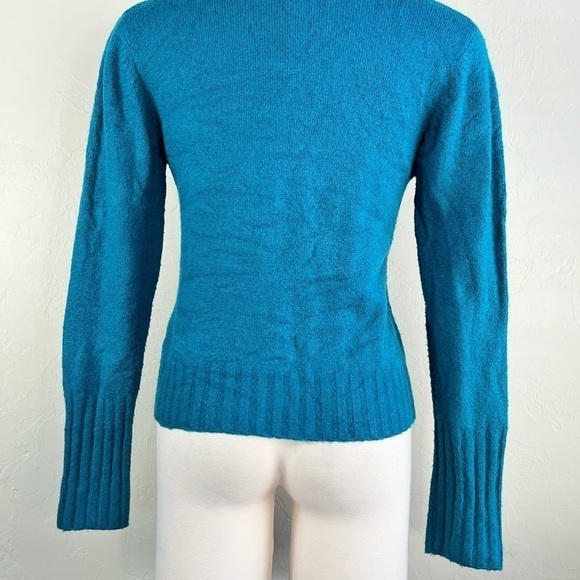 Vintage Teal Turquoise Wool Blend Button Down V neck Long Sleeve Cardigan - Picture 12 of 15